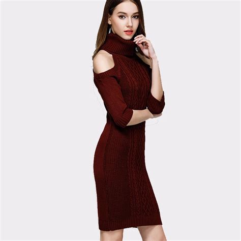 buy 2017 women off shoulder knitted turtleneck sweater dresses hollow out sexy