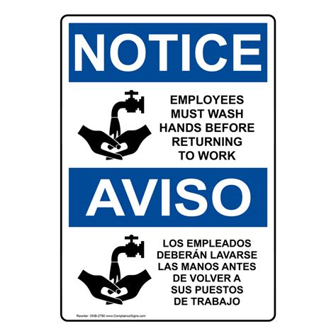 Vertical Employees Must Wash Hands Bilingual Sign Osha Notice