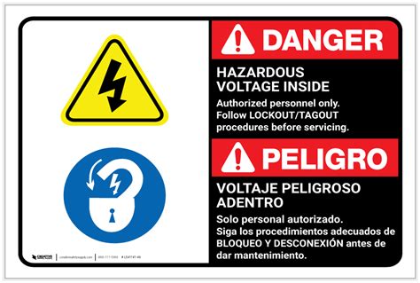 Danger Hazardous Voltage Inside Follow Lockout Tagout Bilingual
