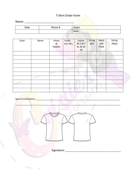 T Shirt Order Form Template 85x11 Printable Etsy
