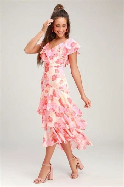 Lulus Alison Pink Dress Floral Ruffle L Midi Ruffle Dress Cute