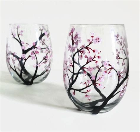 Cherry Blossom Hand Painted Wine Glass Pink Flower Spring Washington Dc Zen Garden Party