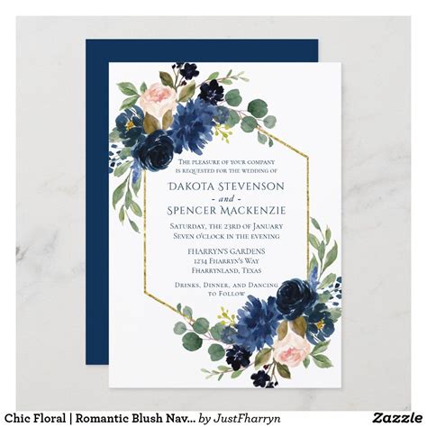 Chic Floral Romantic Blush Navy Geometric Frame Invitation Burgundy