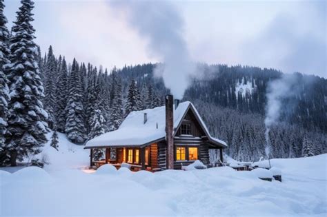 Premium Photo Snowy Mountain Cabin With Smoking Chimney