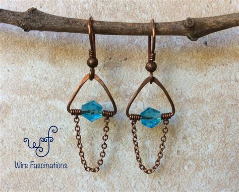 Handmade Copper Earrings With Copper Chain And Aqua Bicone Crystal