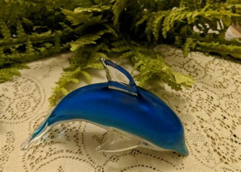 Art Glass Cobalt Blue Green Jumping Dolphin Hand Blown Sculpture Ocean
