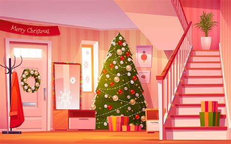 Free Vector Cartoon Christmas Hall Interior Illustration