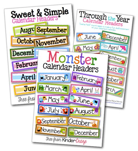Three Sets Of Themed Calendar Headers For Free Classroom Calendar