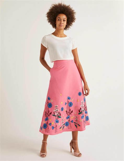 Arwen Embroidered Midi Skirt Bright Camellia Boden Womens Knitted