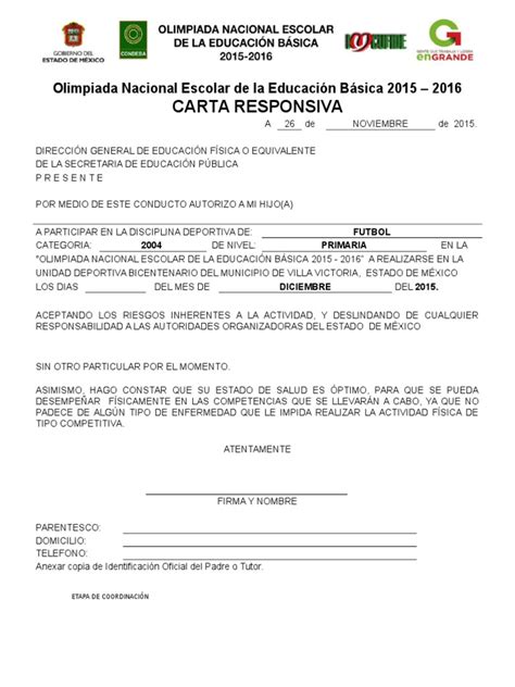 Carta Responsiva Para Olimpiada Educación Primaria México