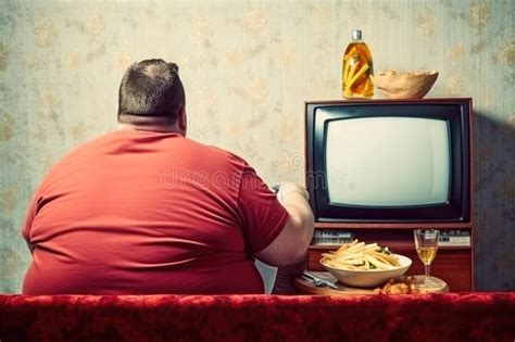 An Obese Man Sitting On The Couch Eating Fast Food Drinking Alcohol And Watching Television Bad