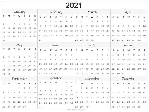 Yearly Calendar 2021 Printable Free