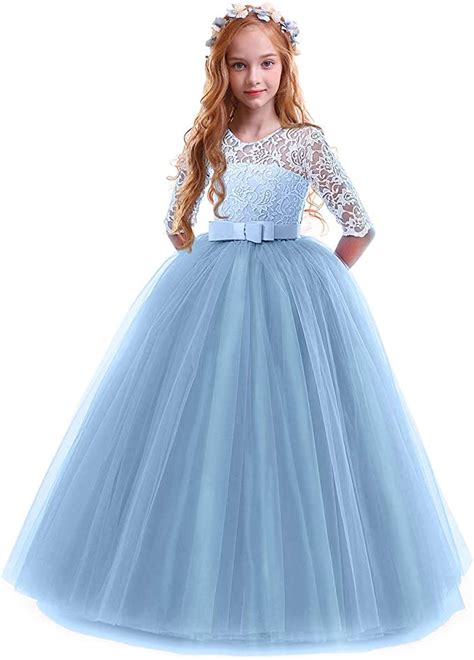 Owlfay Big Girls Princess Pageant Long Lace Dress Kids Wedding