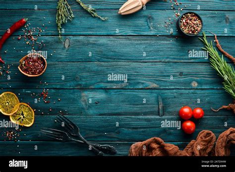 Blue Food Background Cooking Ingredients Top View Free Space For