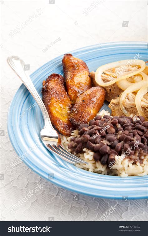 Traditional Cuban Meal With Sweet Plantains Black Beans And Rice And