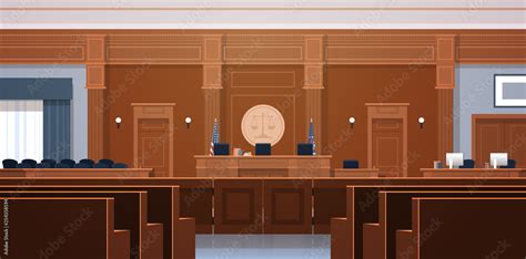 Empty Courtroom With Judge And Secretary Workplace Jury Box Seats