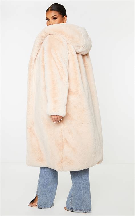 Plus Nude Premium Longline Faux Fur Hooded Coat Prettylittlething