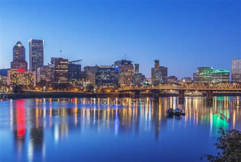 Illuminated Buildings In Portland City Skyline Oregon United States