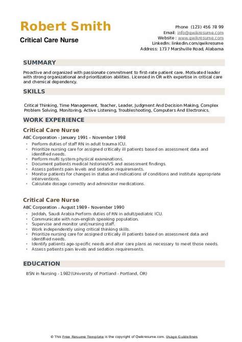 Critical Care Nurse Resume Objective