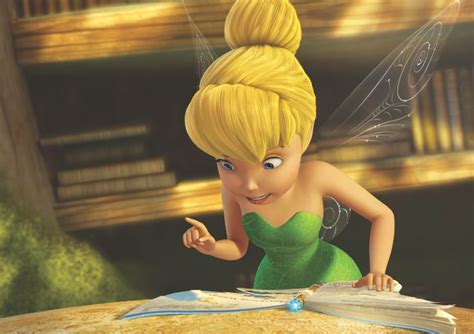 A Cartoon Tinkerbell Sitting At A Table With A Book In Front Of Her