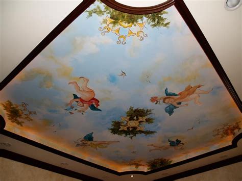 The Ceiling Is Painted With Many Different Designs