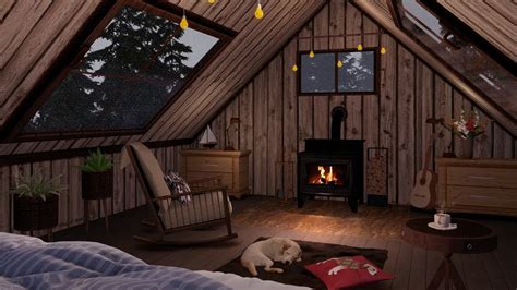 Cozy Attic Ambience With Heavy Rain Sounds And Relaxing Fireplace For