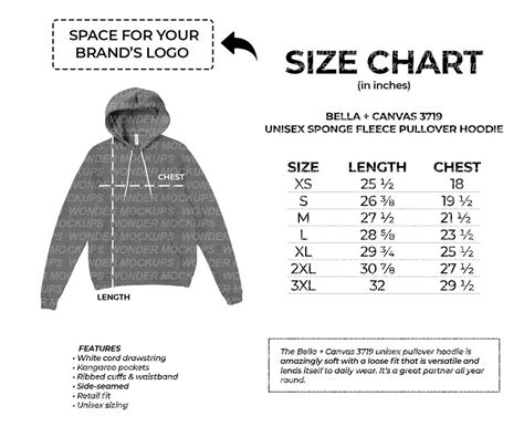 Bella Canvas 3719 Unisex Pullover Hoodie Size Chart For Etsy