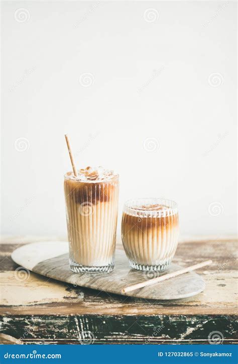 Iced Coffee Drink In Tall Glasses On Board Copy Space Stock Image