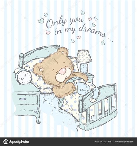Cute Teddy Bear In Bed Vector Illustration For A Card Or Poster Only