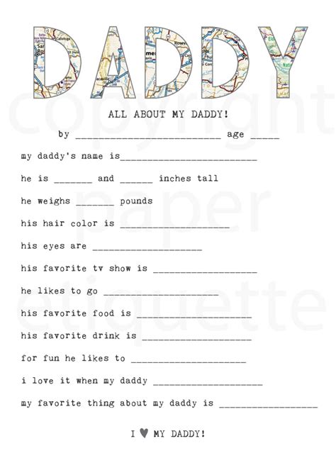 All About My Daddy Printable Fathers Day T Dad Fill In Card