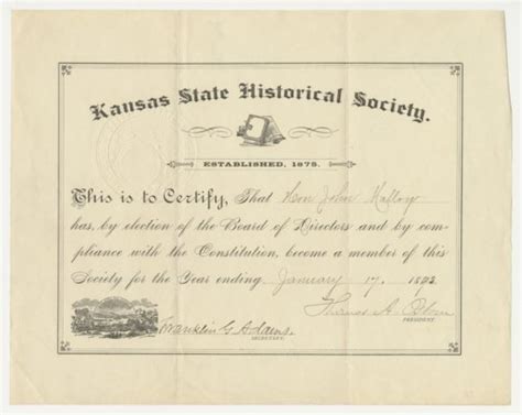 Certificate Of Membership For The Kansas State Historical Society