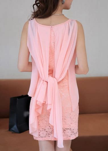 Fashion Round Neck Lace Patchwork Chiffon Dress Pink On Luulla