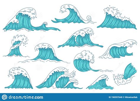 Sea Waves Ocean Hand Drawn Water Wave Vintage Storm Tsunami Waves