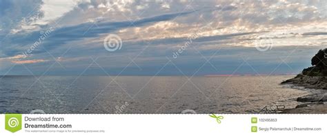 Sunset Over Adriatic Sea With Dramatic Sky Panorama Stock Image Image