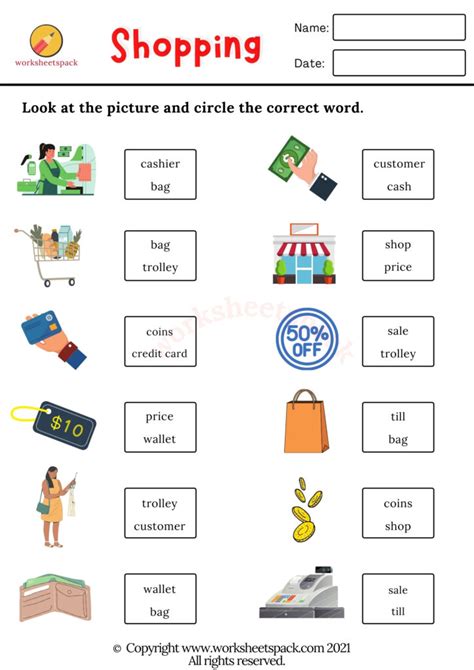 Shopping Vocabulary Worksheets Worksheetspack