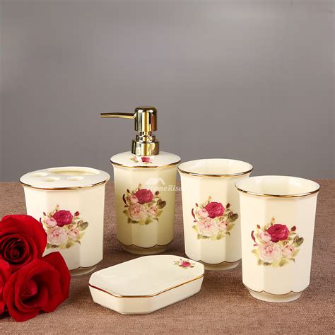 5-Piece Floral Bathroom Accessories Set Ceramic Floral Enamel