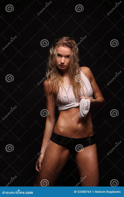 Młoda Seksowna Naga Kobieta Pozujący Mokry Wodna Pracowniana Fotografia