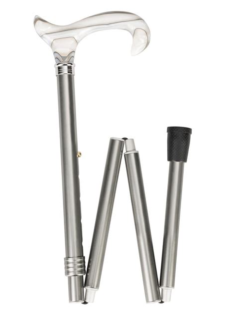 Foldable Light Metal Walking Stick In Metallic Grey With Derby Grip In