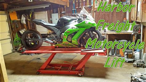 I use a harbor freight front wheel chock and and rear stand or strap it down from the rearsets for safety. Harbor Freight Motorcycle Lift Review - YouTube