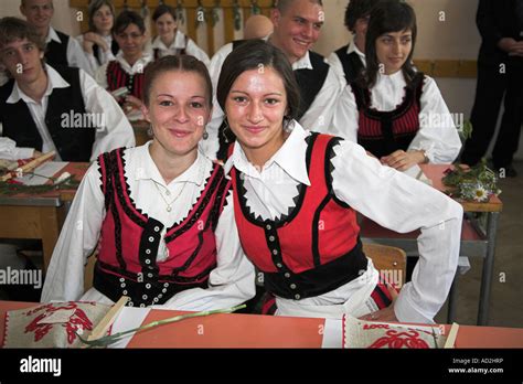 High School Students In Hungarian National Costume In Classroom Stock