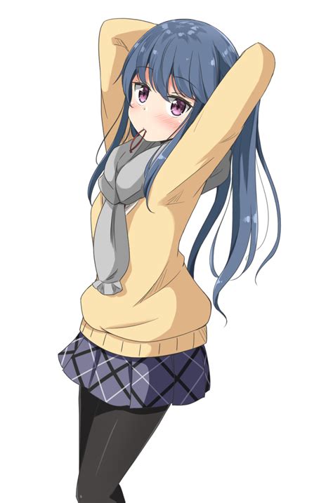 Safebooru 1girl Aikawa Ryou Arms Behind Head Arms Up Bangs Black Legwear Blue Hair Blue Skirt