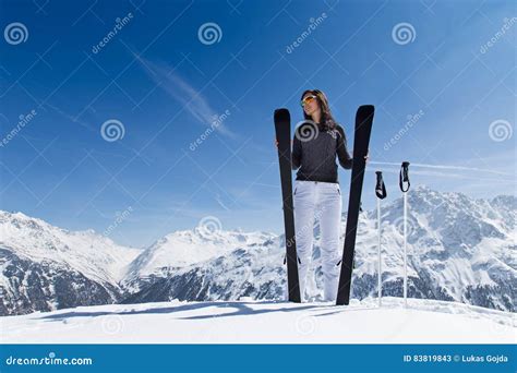 Beautiful Brunette Woman With Ski Stock Image Image Of Closeup Female 83819843