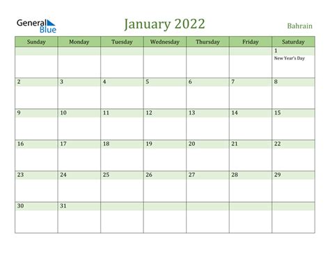 Bahrain January 2022 Calendar With Holidays