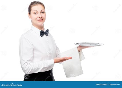 Happy Waitress With An Empty Silver Tray Portrait Isolated Stock Photo