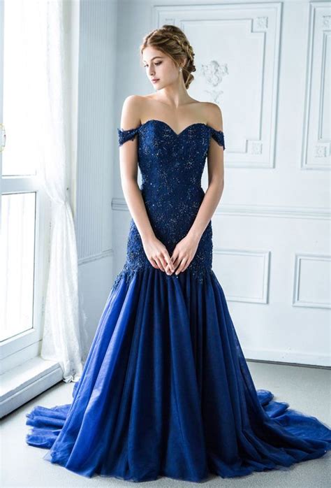 This Off The Shoulder Midnight Blue Gown From Digio Bridal Featuring