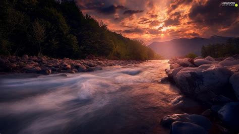 Mountains River Clouds Great Sunsets Forest Stones