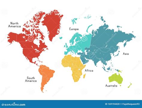 Mapa Mundial Dividido Em Seis Continentes Em Cores Diferentes