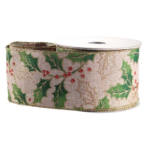 Green Holly And Red Berries Natural Fabric Ribbon Roll Size 50mm Wide X