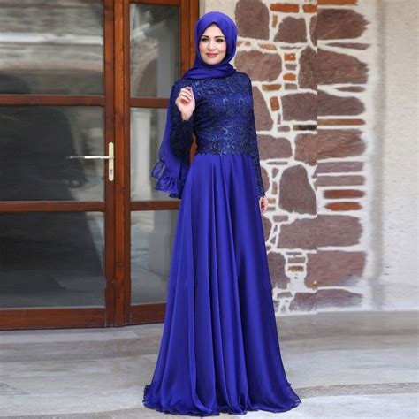 Royal Blue Turkish Style Muslim Long Sleeve Evening Dresses With