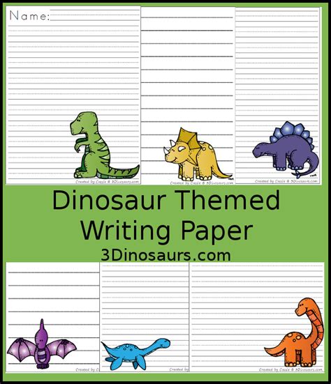 Roaring Dinosaur Themed Writing Paper For Kids 3 Dinosaurs